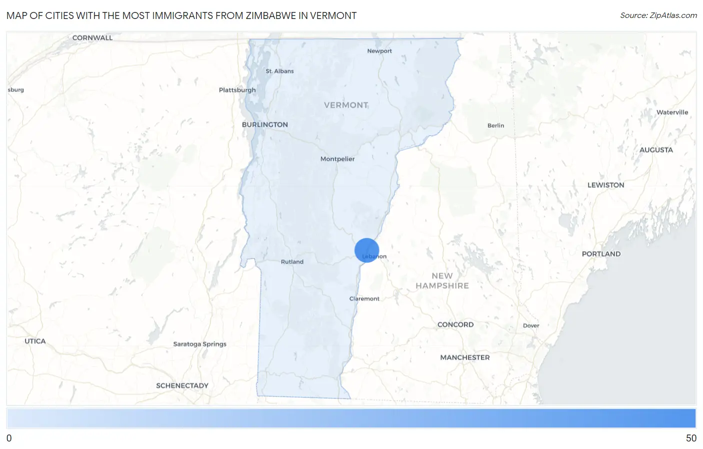 Cities with the Most Immigrants from Zimbabwe in Vermont Map