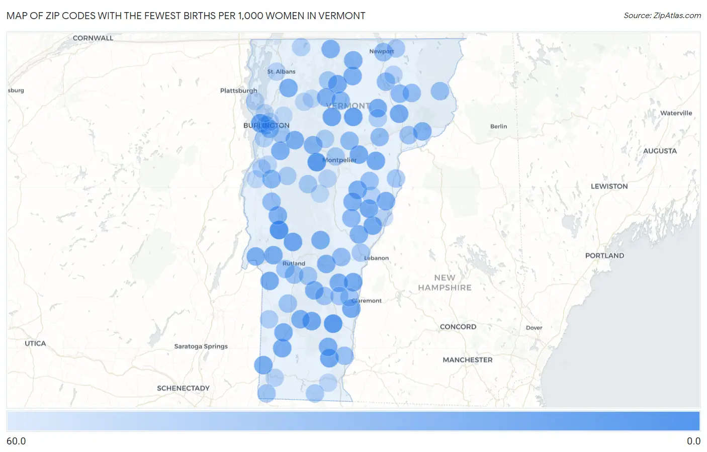 Zip Codes with the Fewest Births per 1,000 Women in Vermont Map