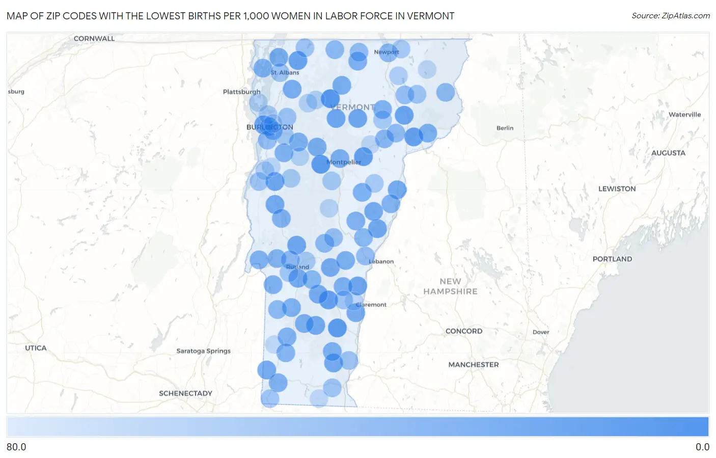 Zip Codes with the Lowest Births per 1,000 Women in Labor Force in Vermont Map