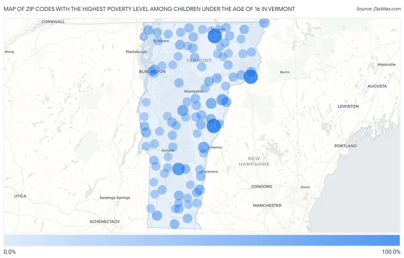 Zip Codes with the Highest Poverty Level Among Children Under the Age of 16 in Vermont Map