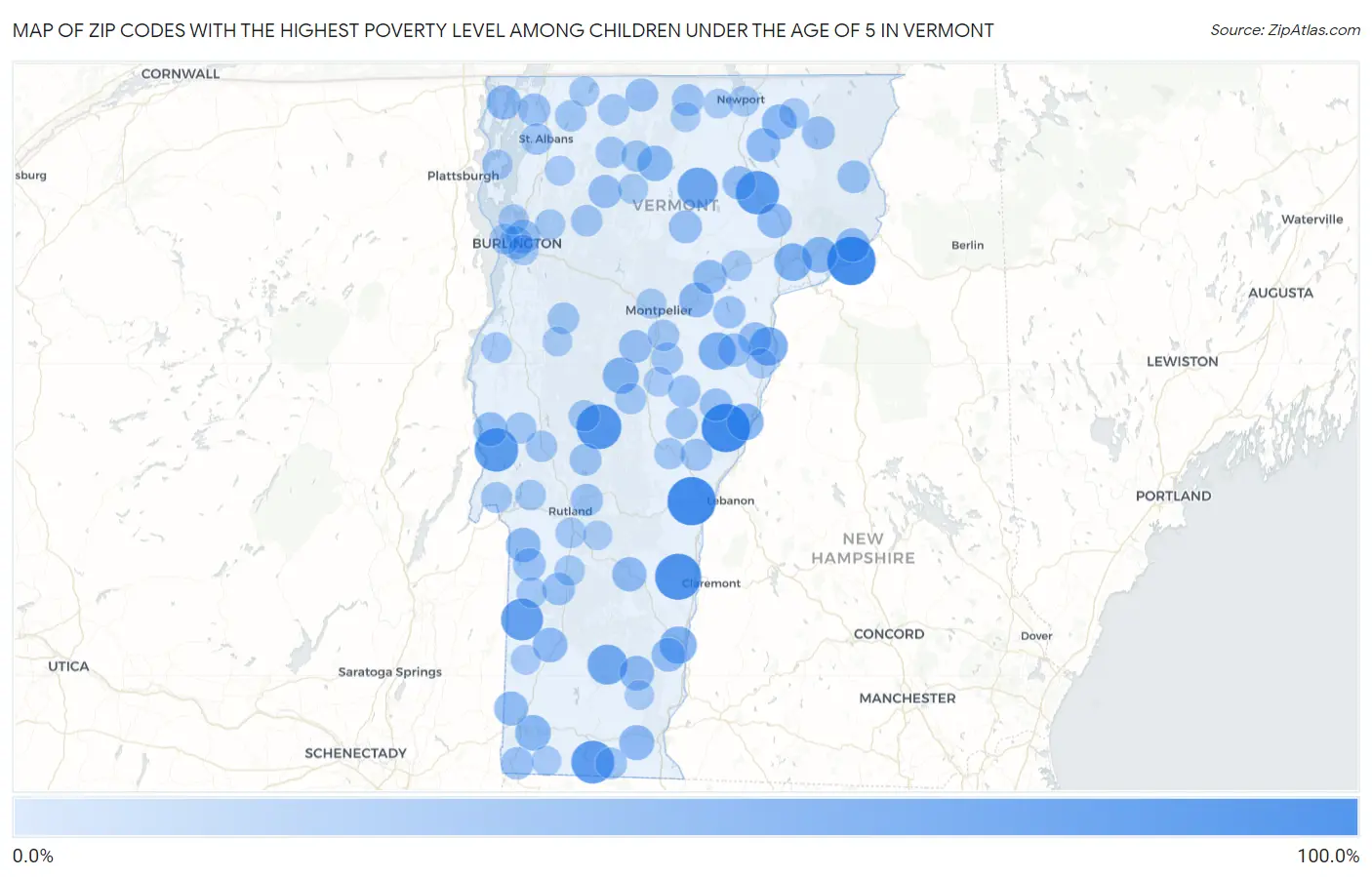 Zip Codes with the Highest Poverty Level Among Children Under the Age of 5 in Vermont Map