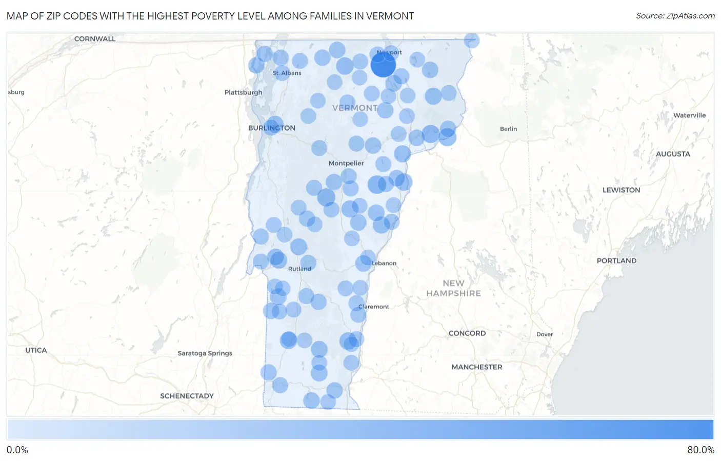Zip Codes with the Highest Poverty Level Among Families in Vermont Map