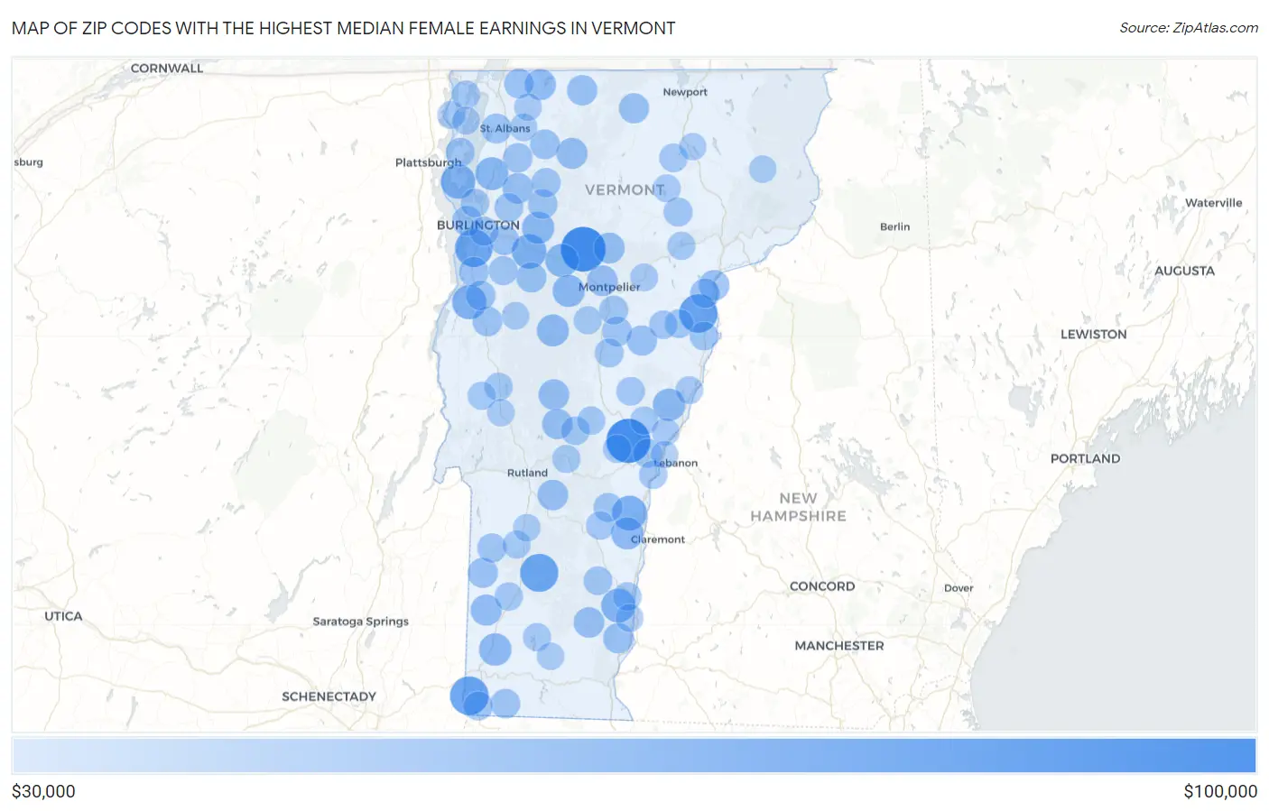 Zip Codes with the Highest Median Female Earnings in Vermont Map