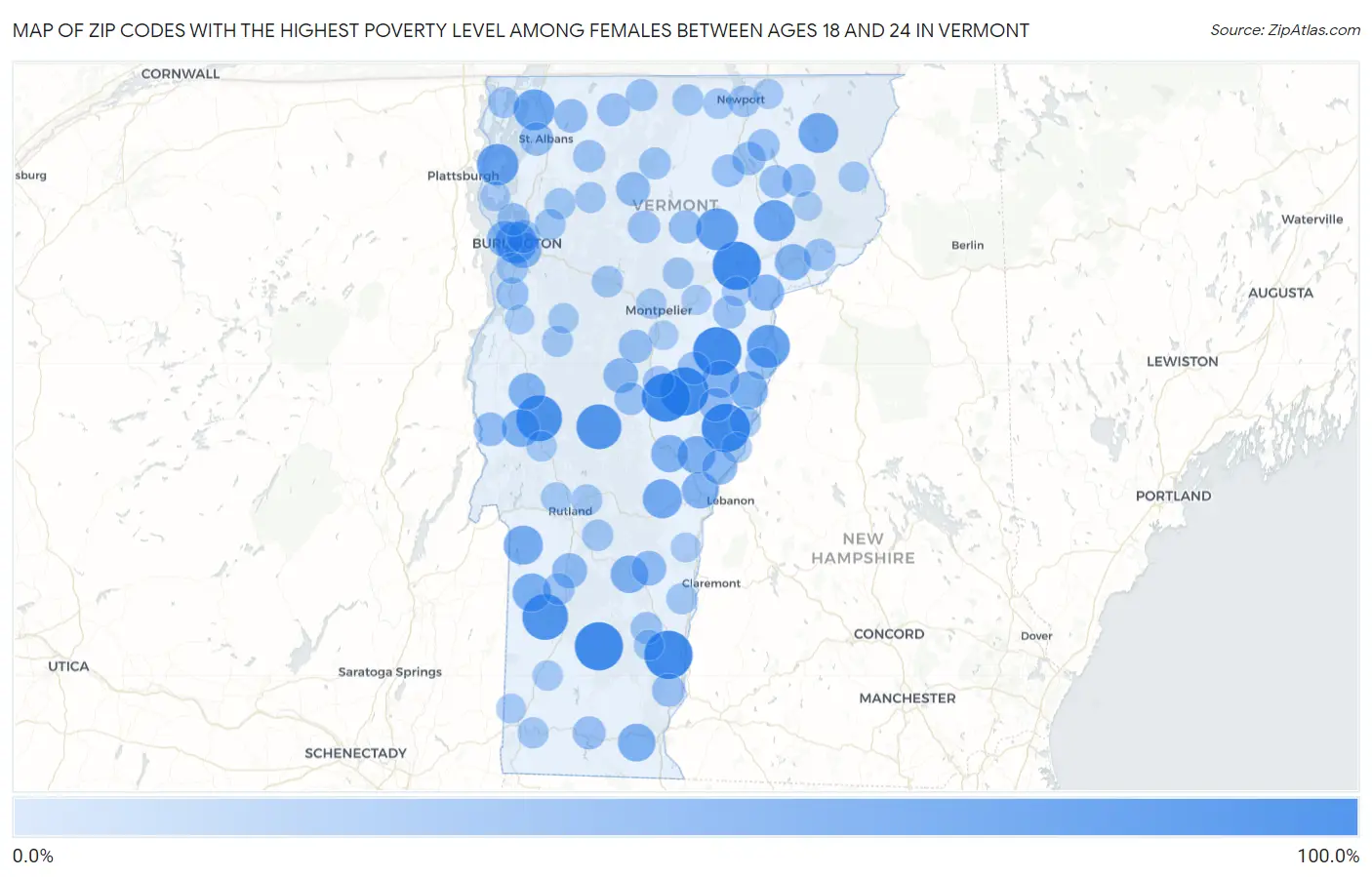 Zip Codes with the Highest Poverty Level Among Females Between Ages 18 and 24 in Vermont Map