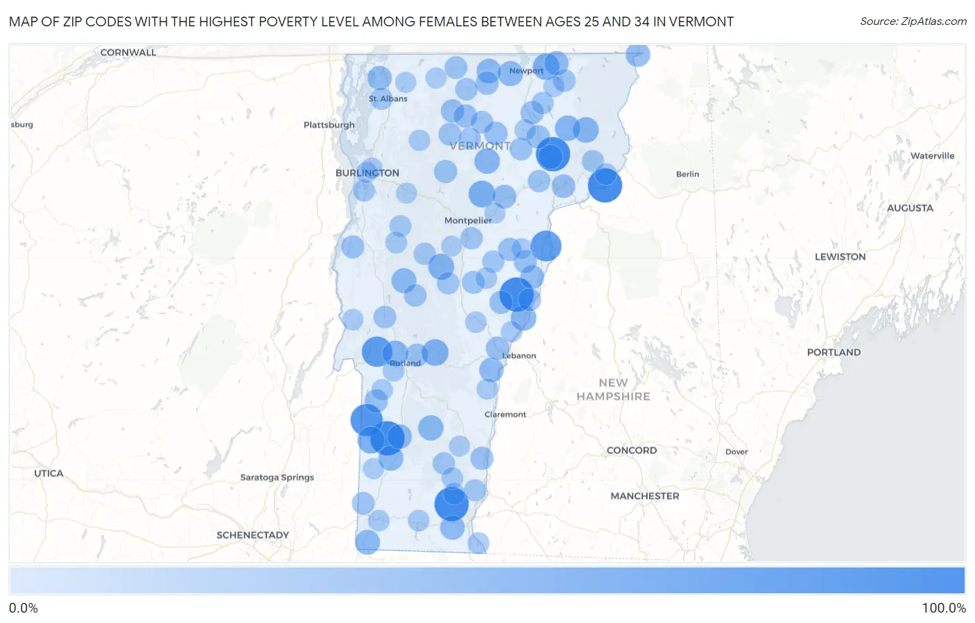 Zip Codes with the Highest Poverty Level Among Females Between Ages 25 and 34 in Vermont Map