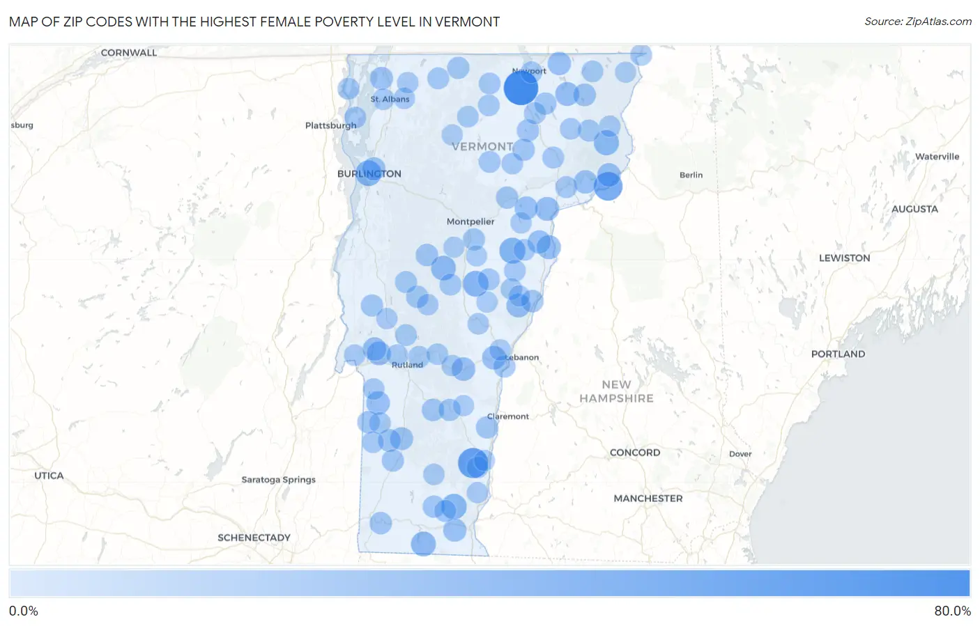 Zip Codes with the Highest Female Poverty Level in Vermont Map