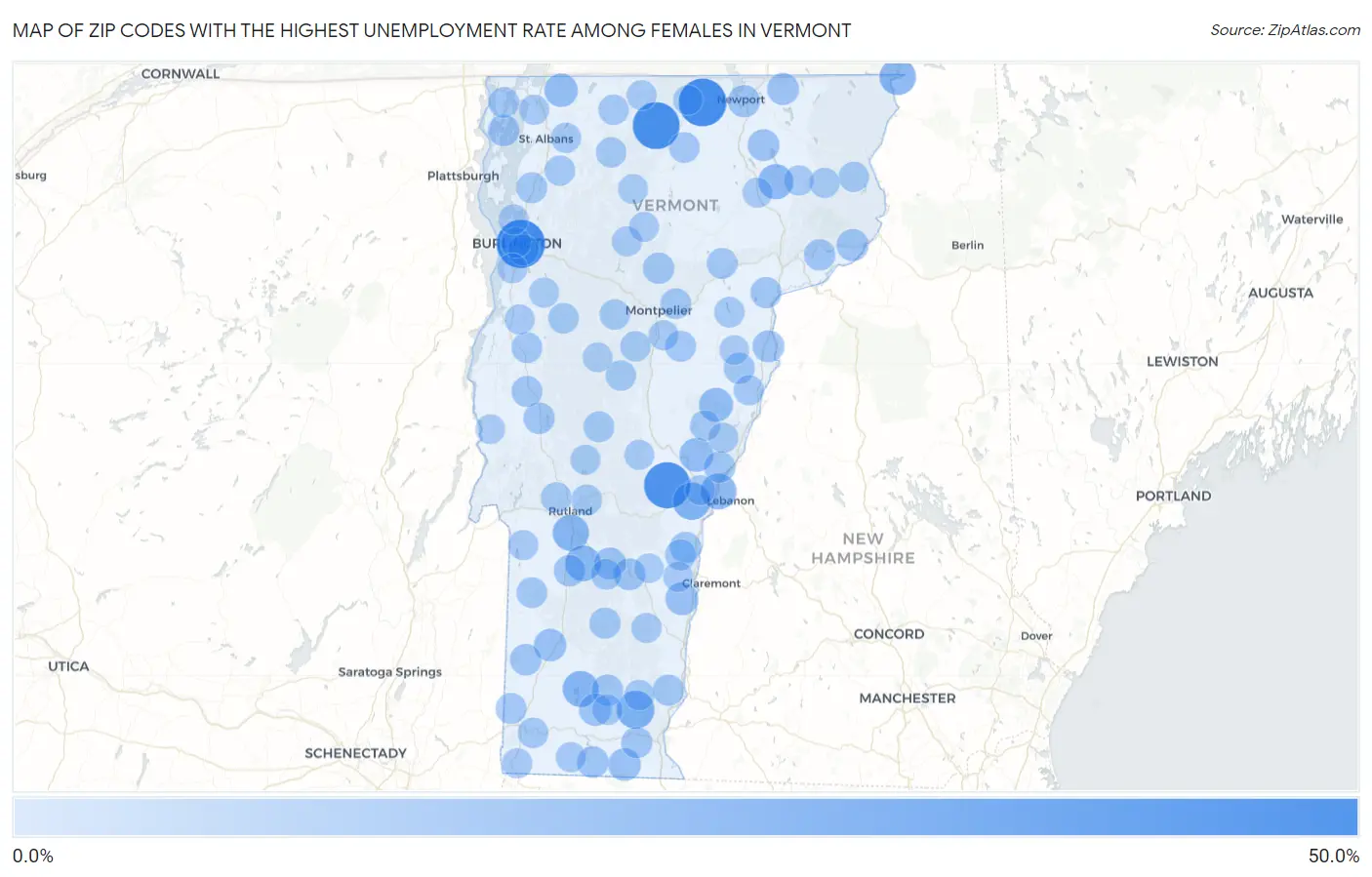 Zip Codes with the Highest Unemployment Rate Among Females in Vermont Map