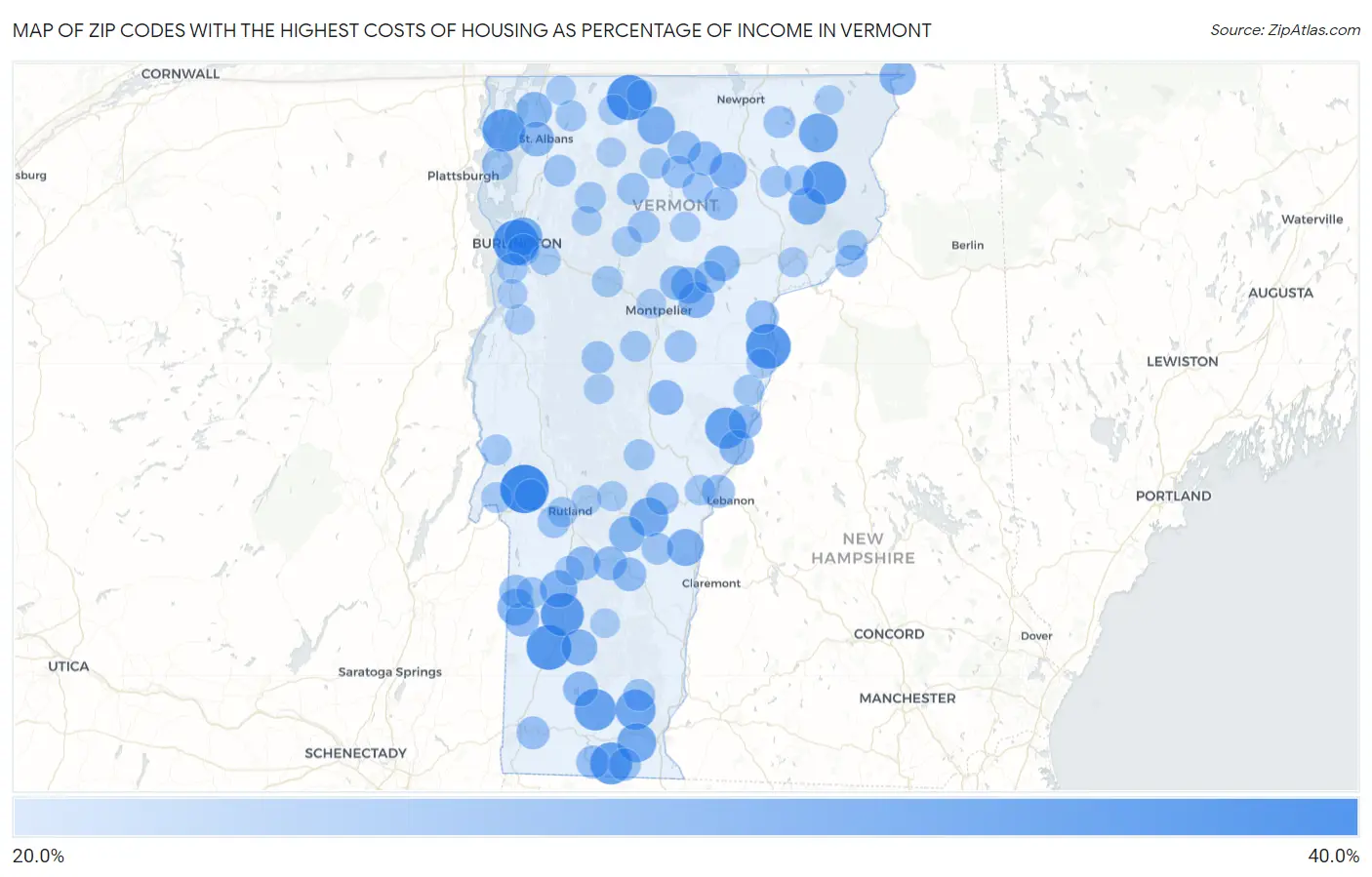 Zip Codes with the Highest Costs of Housing as Percentage of Income in Vermont Map