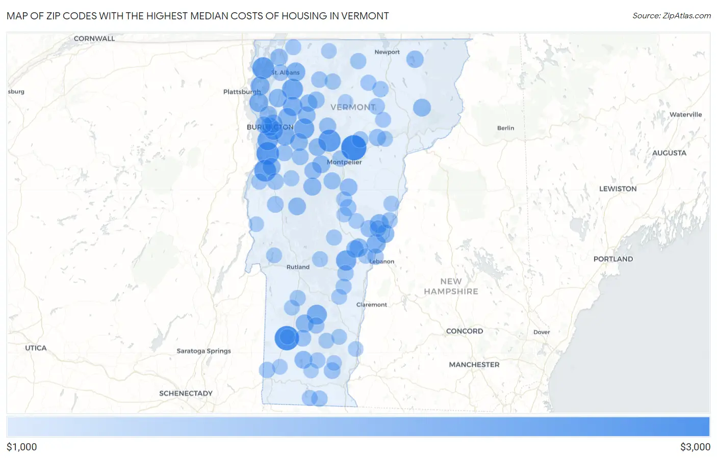 Zip Codes with the Highest Median Costs of Housing in Vermont Map