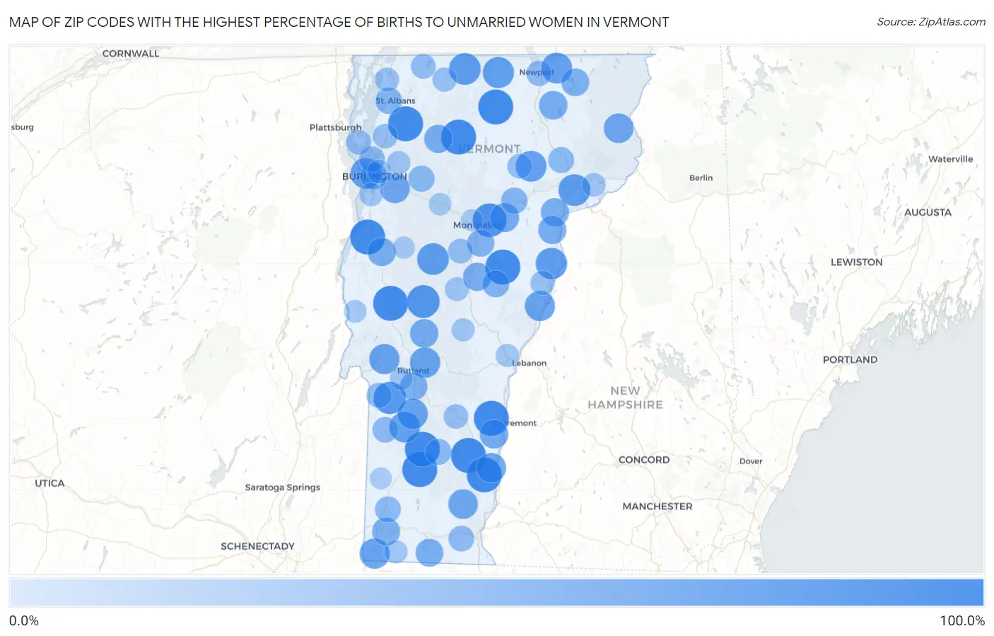 Zip Codes with the Highest Percentage of Births to Unmarried Women in Vermont Map