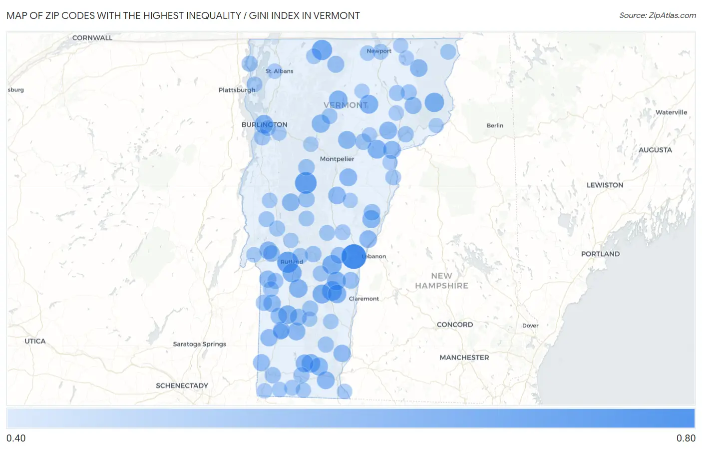 Zip Codes with the Highest Inequality / Gini Index in Vermont Map