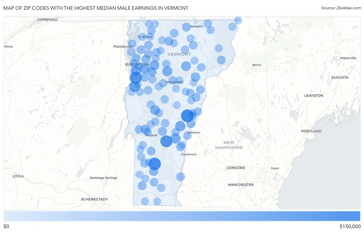 Zip Codes with the Highest Median Male Earnings in Vermont Map