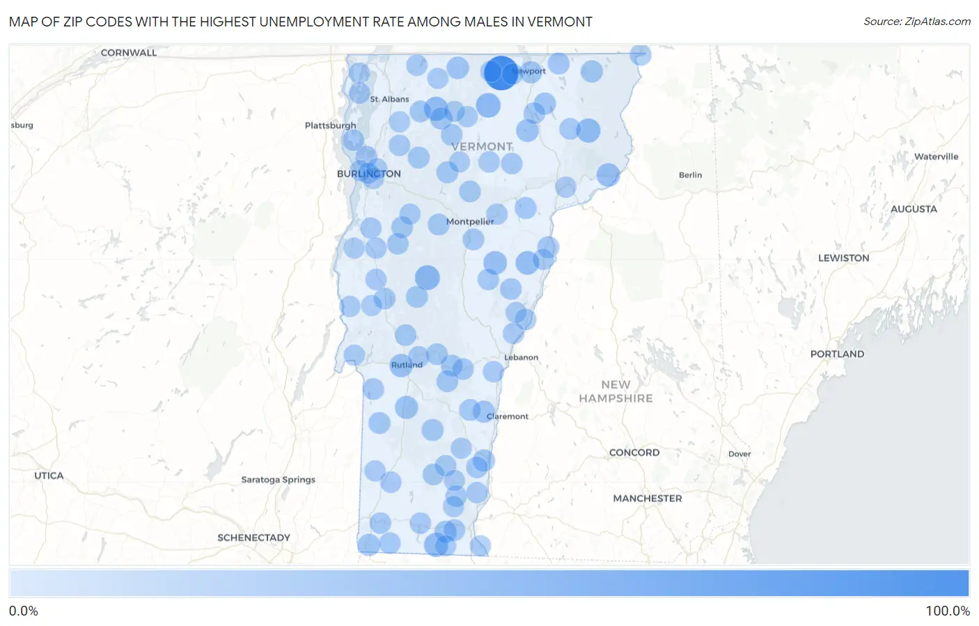 Zip Codes with the Highest Unemployment Rate Among Males in Vermont Map
