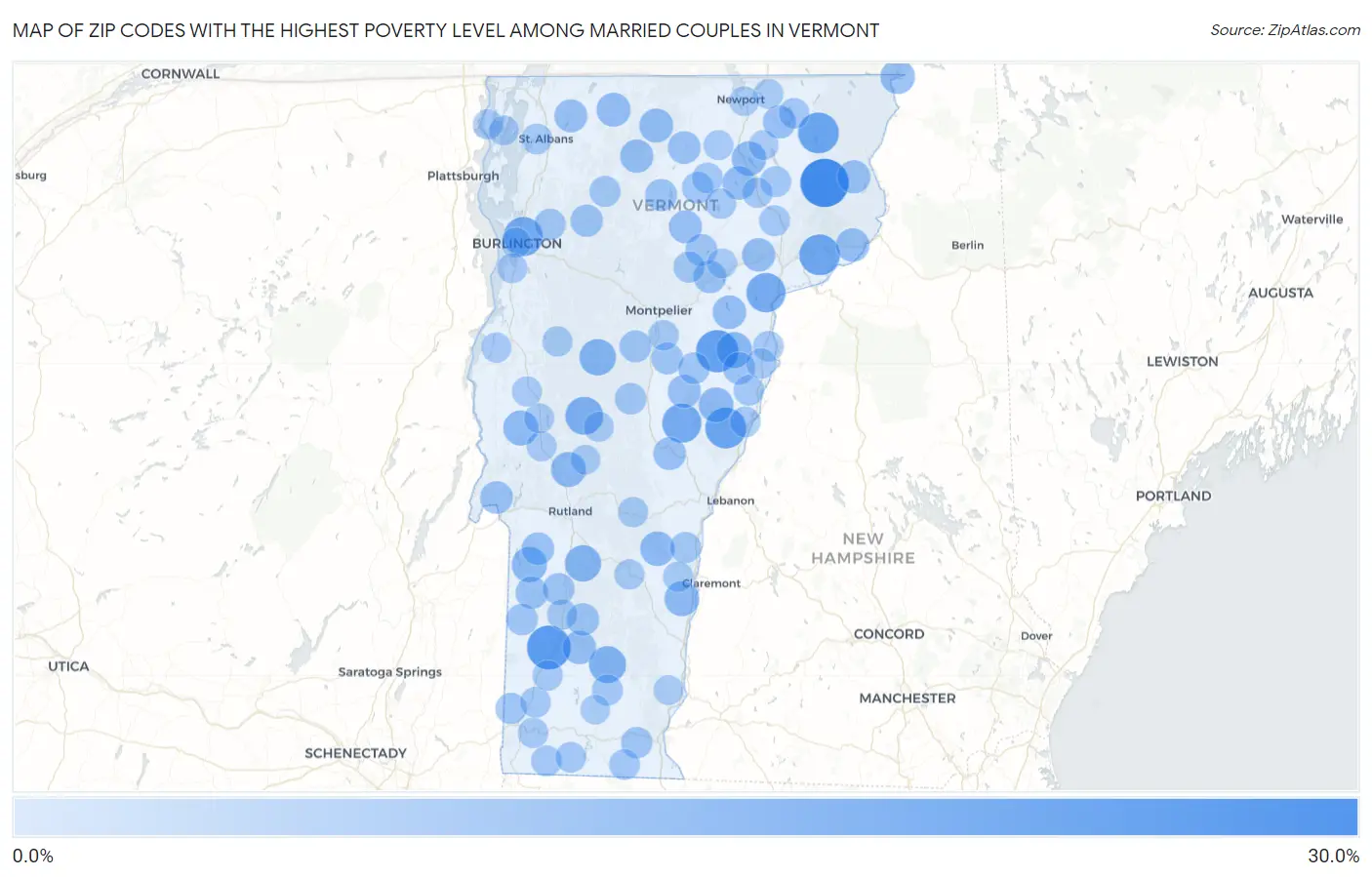 Zip Codes with the Highest Poverty Level Among Married Couples in Vermont Map