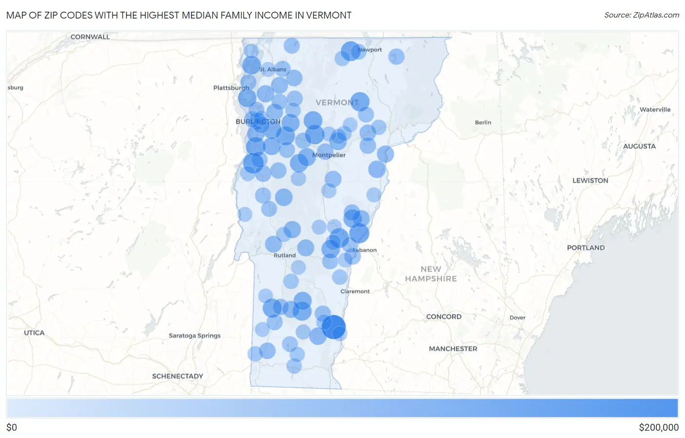 Zip Codes with the Highest Median Family Income in Vermont Map