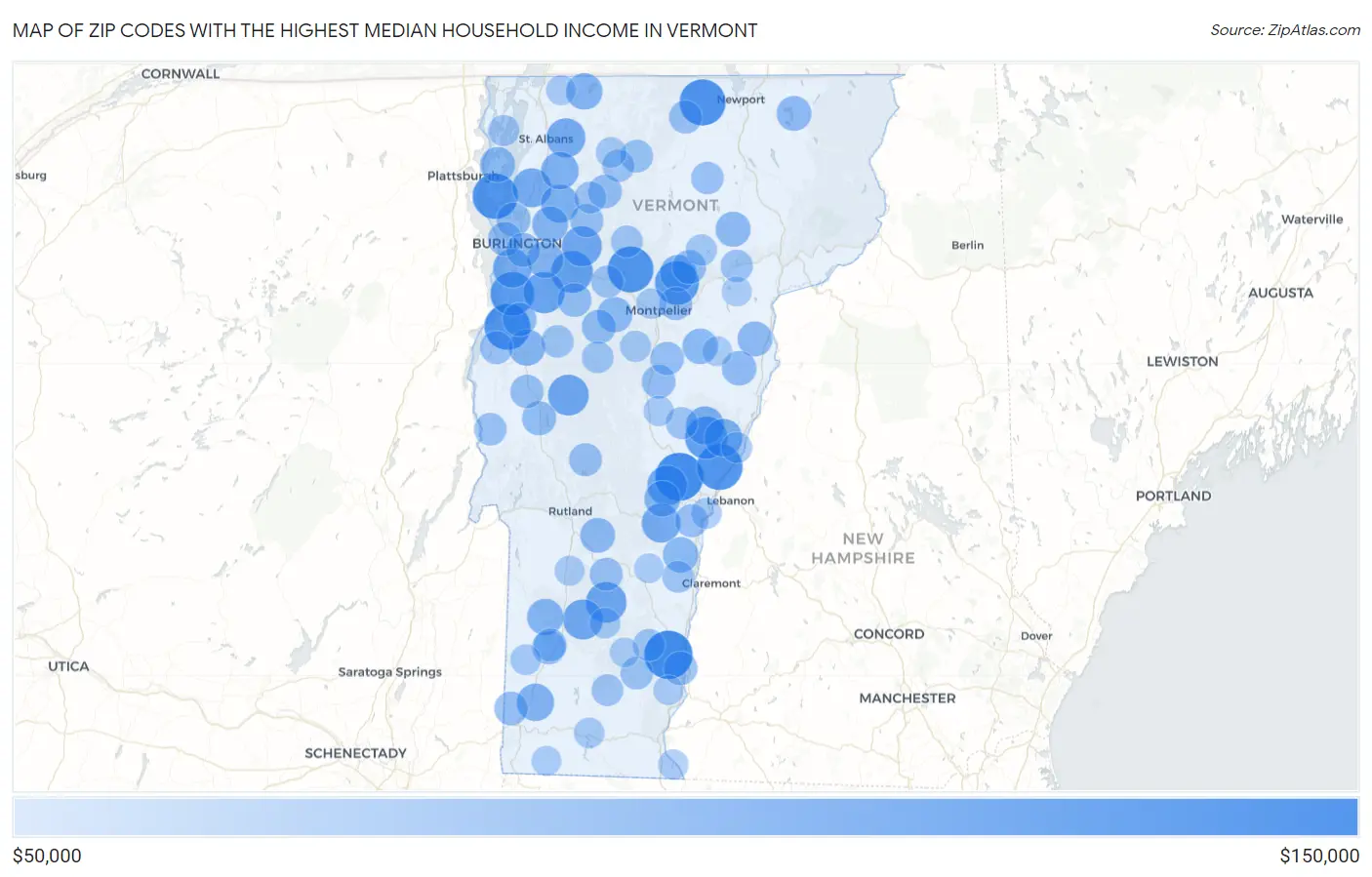 Zip Codes with the Highest Median Household Income in Vermont Map