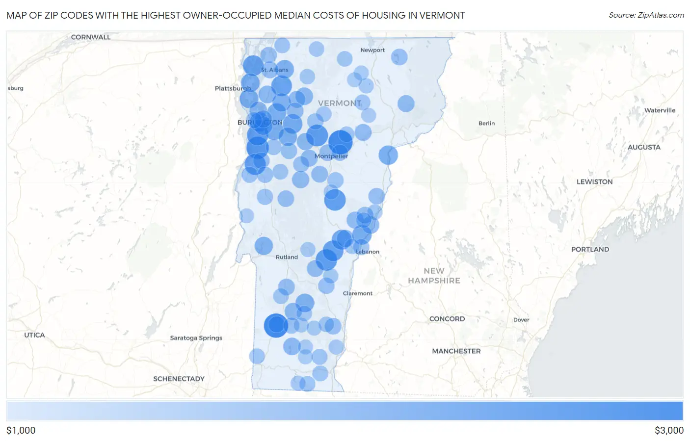Zip Codes with the Highest Owner-Occupied Median Costs of Housing in Vermont Map