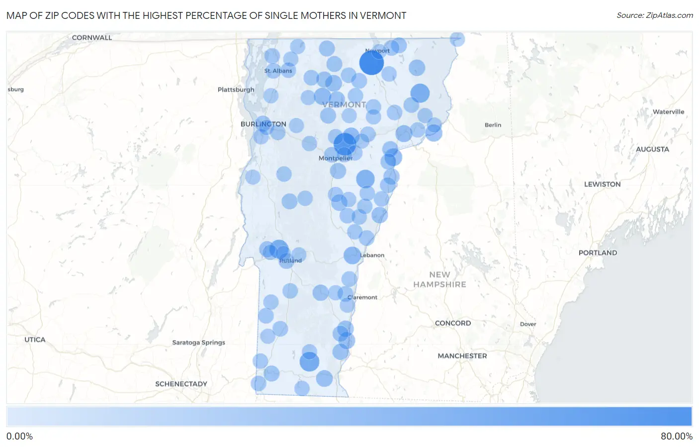 Zip Codes with the Highest Percentage of Single Mothers in Vermont Map