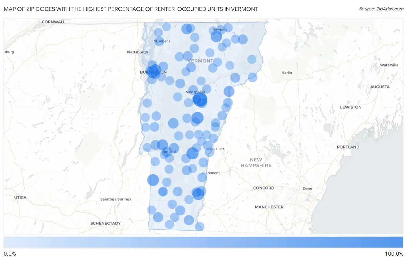 Zip Codes with the Highest Percentage of Renter-Occupied Units in Vermont Map