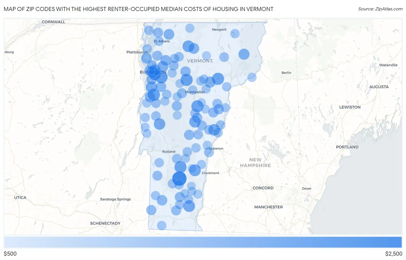 Zip Codes with the Highest Renter-Occupied Median Costs of Housing in Vermont Map