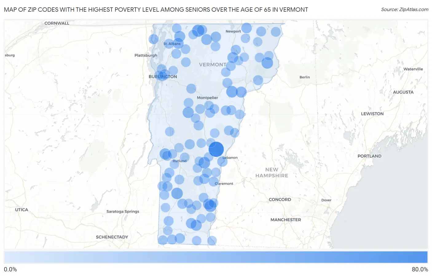 Zip Codes with the Highest Poverty Level Among Seniors Over the Age of 65 in Vermont Map