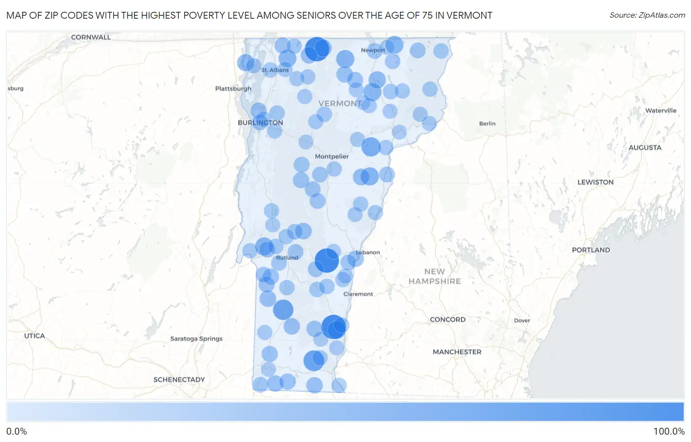 Zip Codes with the Highest Poverty Level Among Seniors Over the Age of 75 in Vermont Map