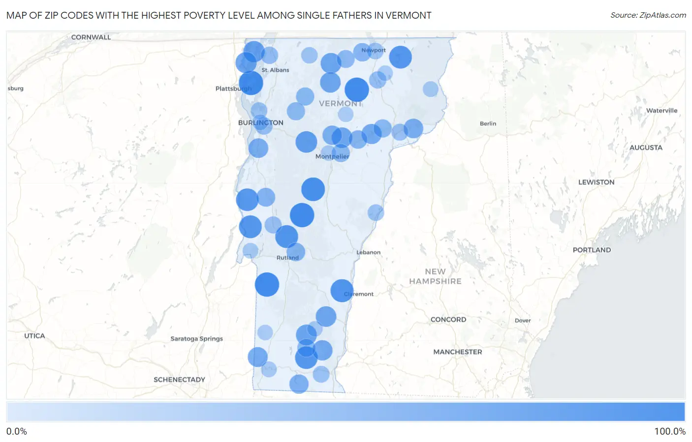 Zip Codes with the Highest Poverty Level Among Single Fathers in Vermont Map