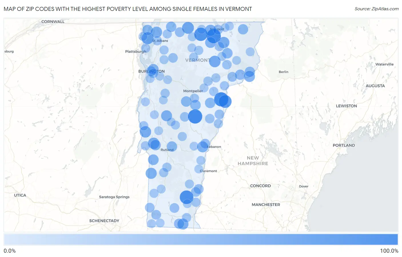 Zip Codes with the Highest Poverty Level Among Single Females in Vermont Map