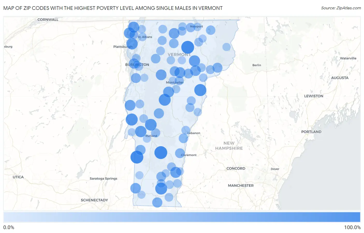 Zip Codes with the Highest Poverty Level Among Single Males in Vermont Map