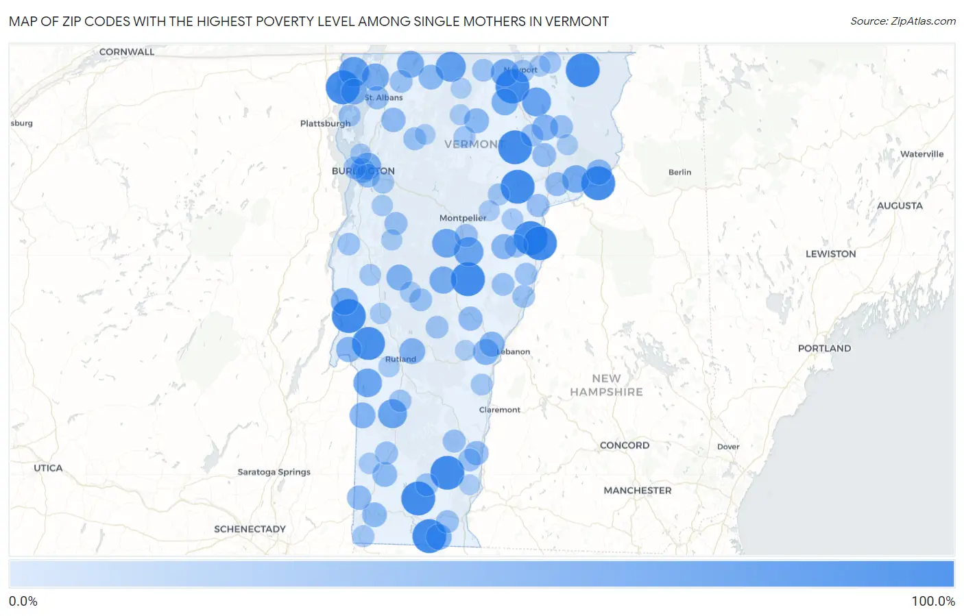 Zip Codes with the Highest Poverty Level Among Single Mothers in Vermont Map