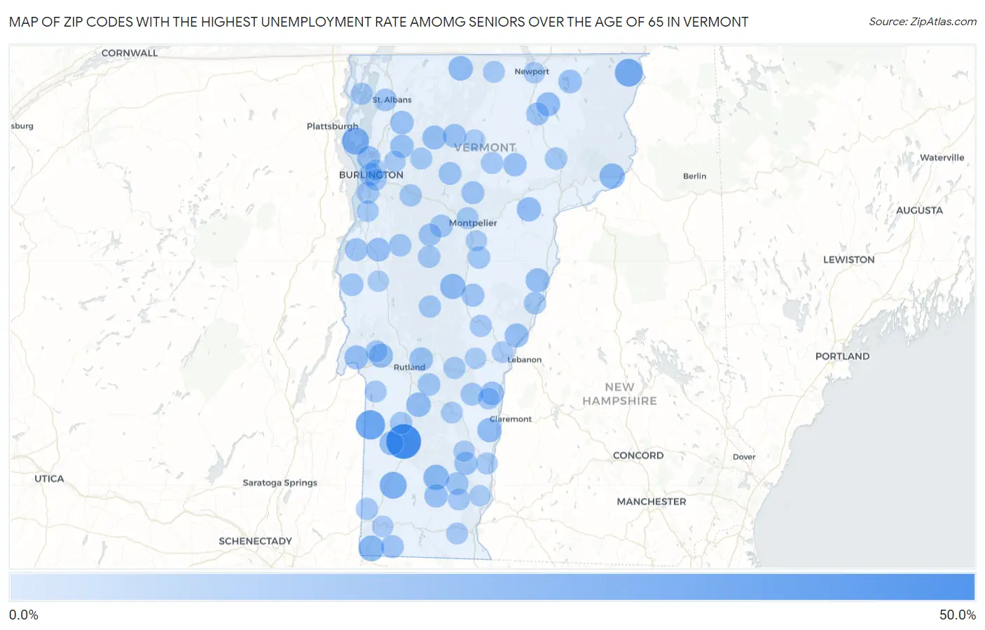 Zip Codes with the Highest Unemployment Rate Amomg Seniors Over the Age of 65 in Vermont Map