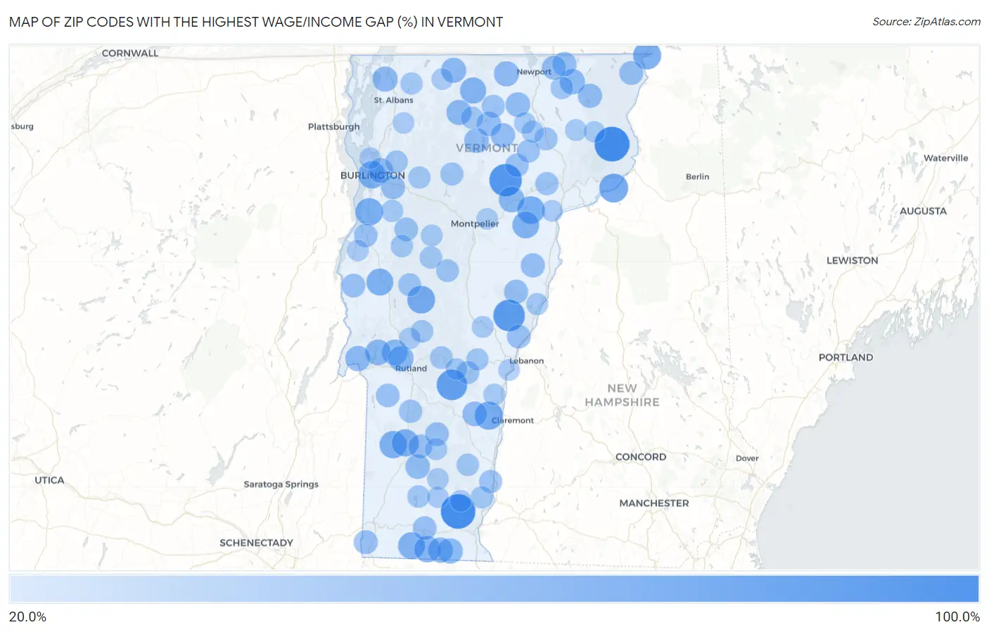 Zip Codes with the Highest Wage/Income Gap (%) in Vermont Map