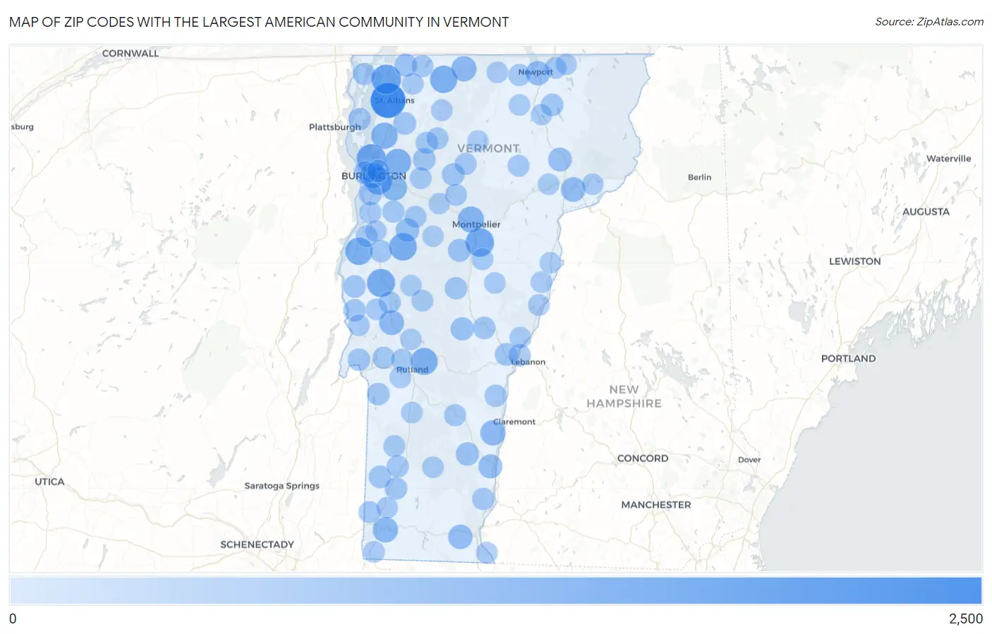 Zip Codes with the Largest American Community in Vermont Map