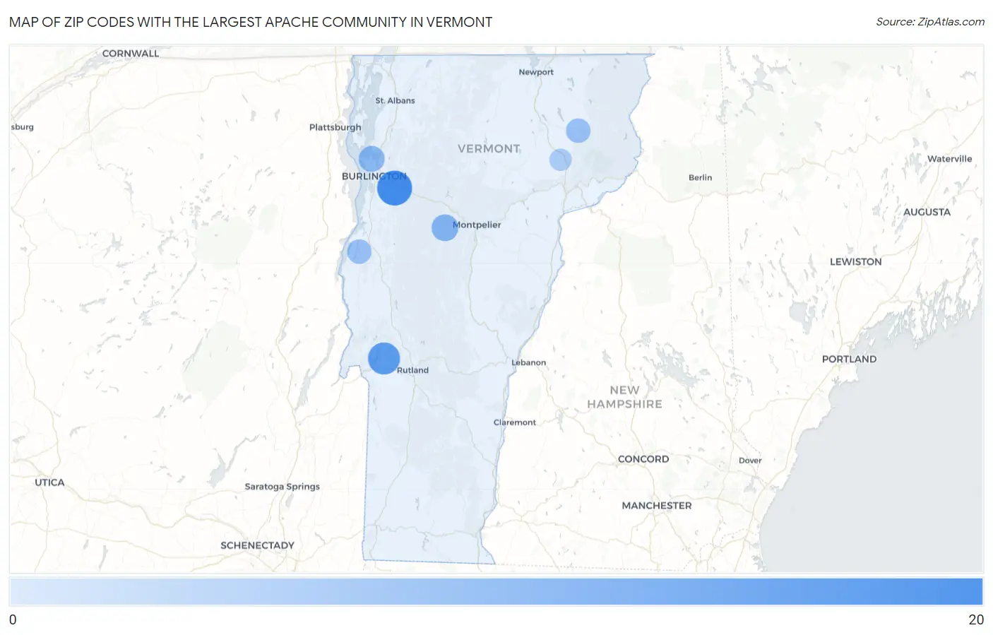Zip Codes with the Largest Apache Community in Vermont Map