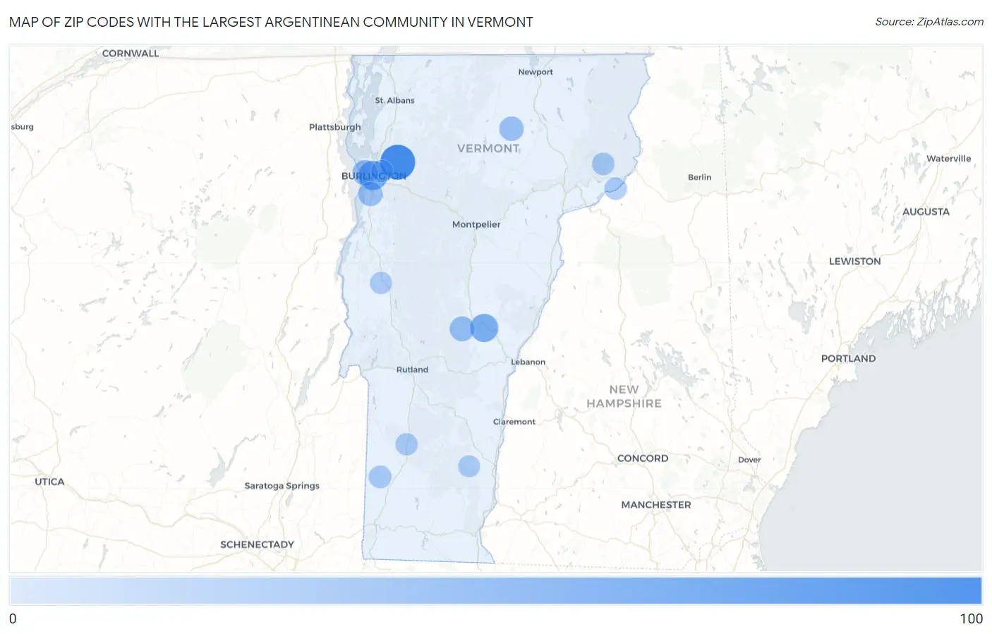Zip Codes with the Largest Argentinean Community in Vermont Map