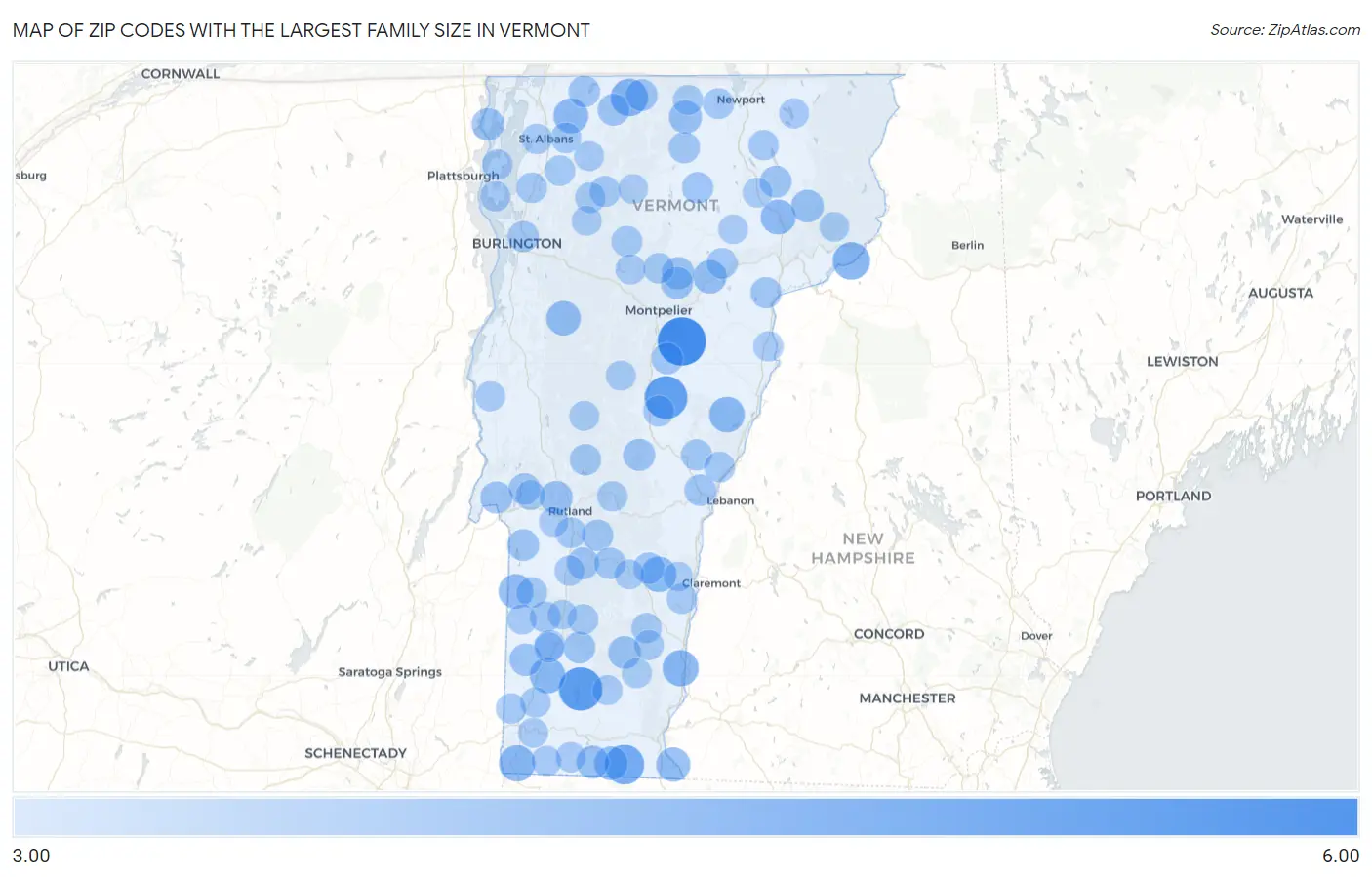 Zip Codes with the Largest Family Size in Vermont Map