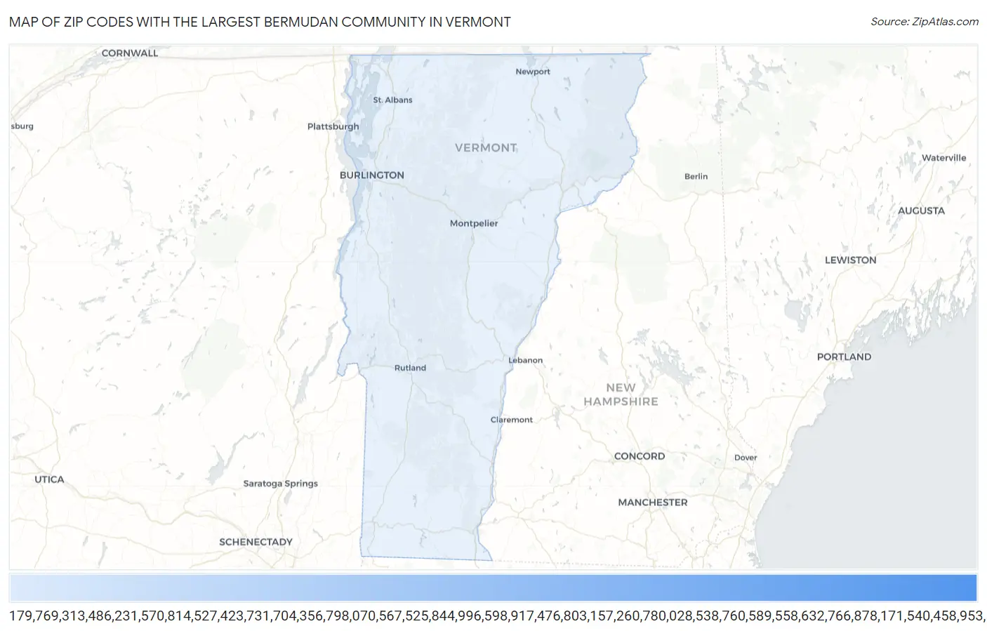 Zip Codes with the Largest Bermudan Community in Vermont Map