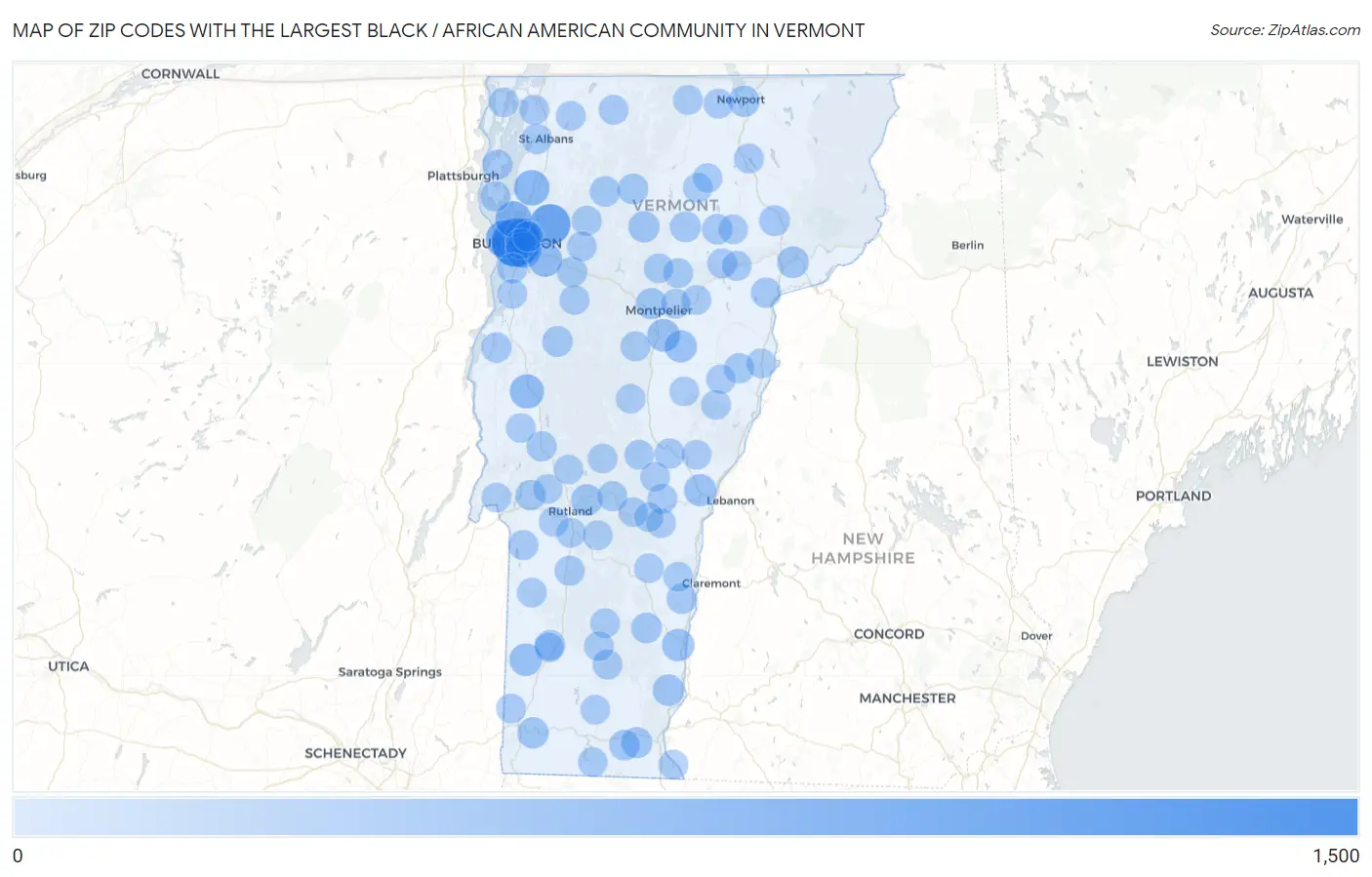 Zip Codes with the Largest Black / African American Community in Vermont Map