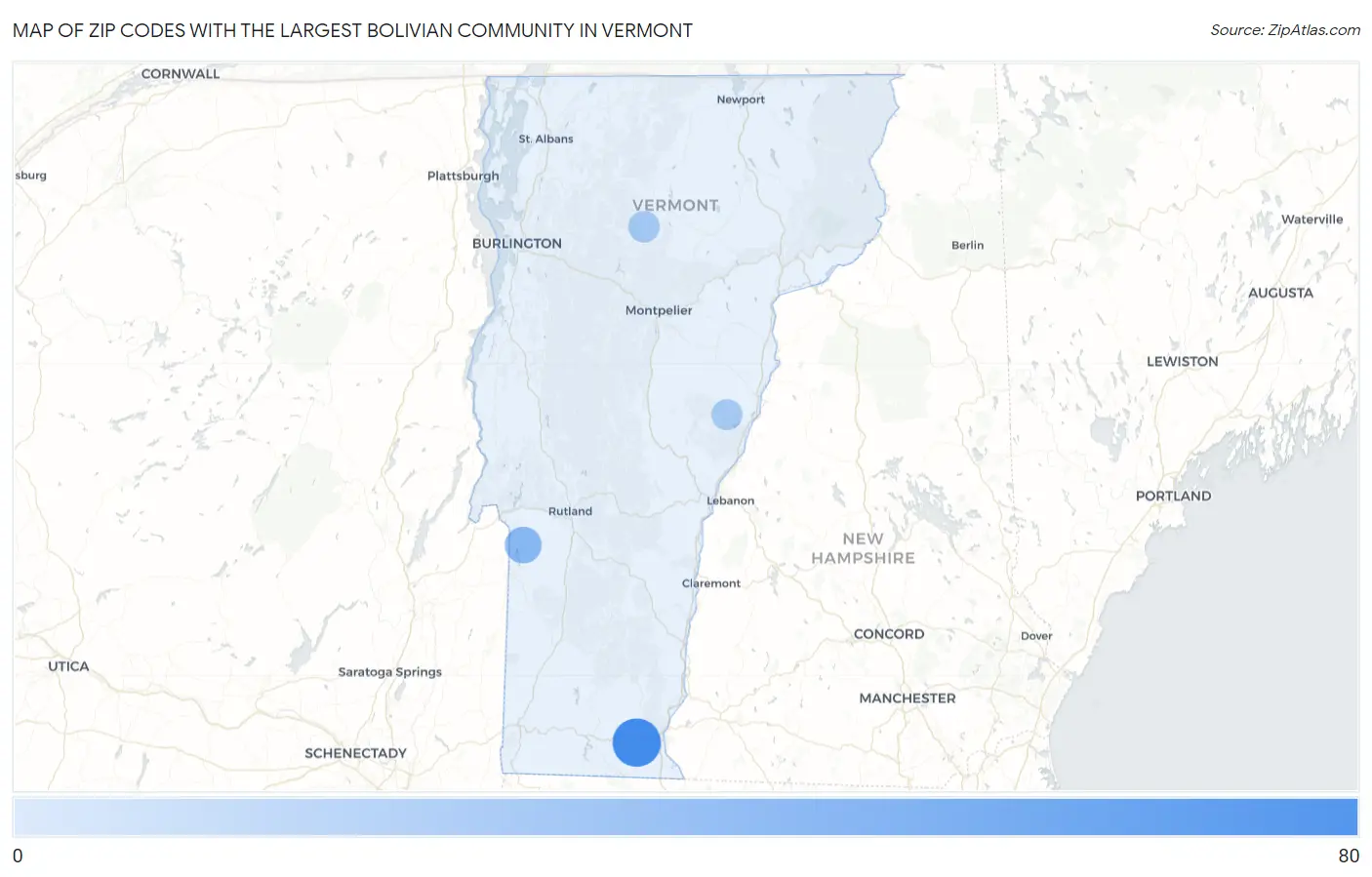 Zip Codes with the Largest Bolivian Community in Vermont Map