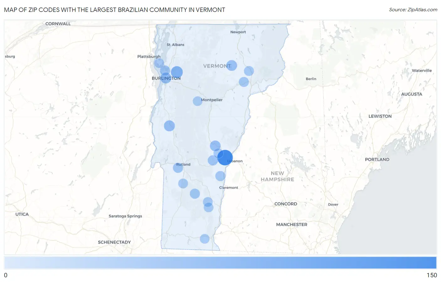 Zip Codes with the Largest Brazilian Community in Vermont Map