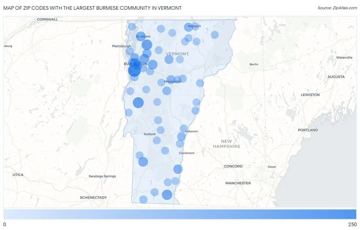Zip Codes with the Largest Burmese Community in Vermont Map
