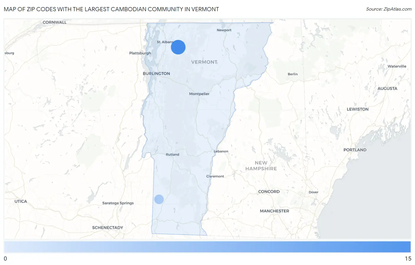 Zip Codes with the Largest Cambodian Community in Vermont Map