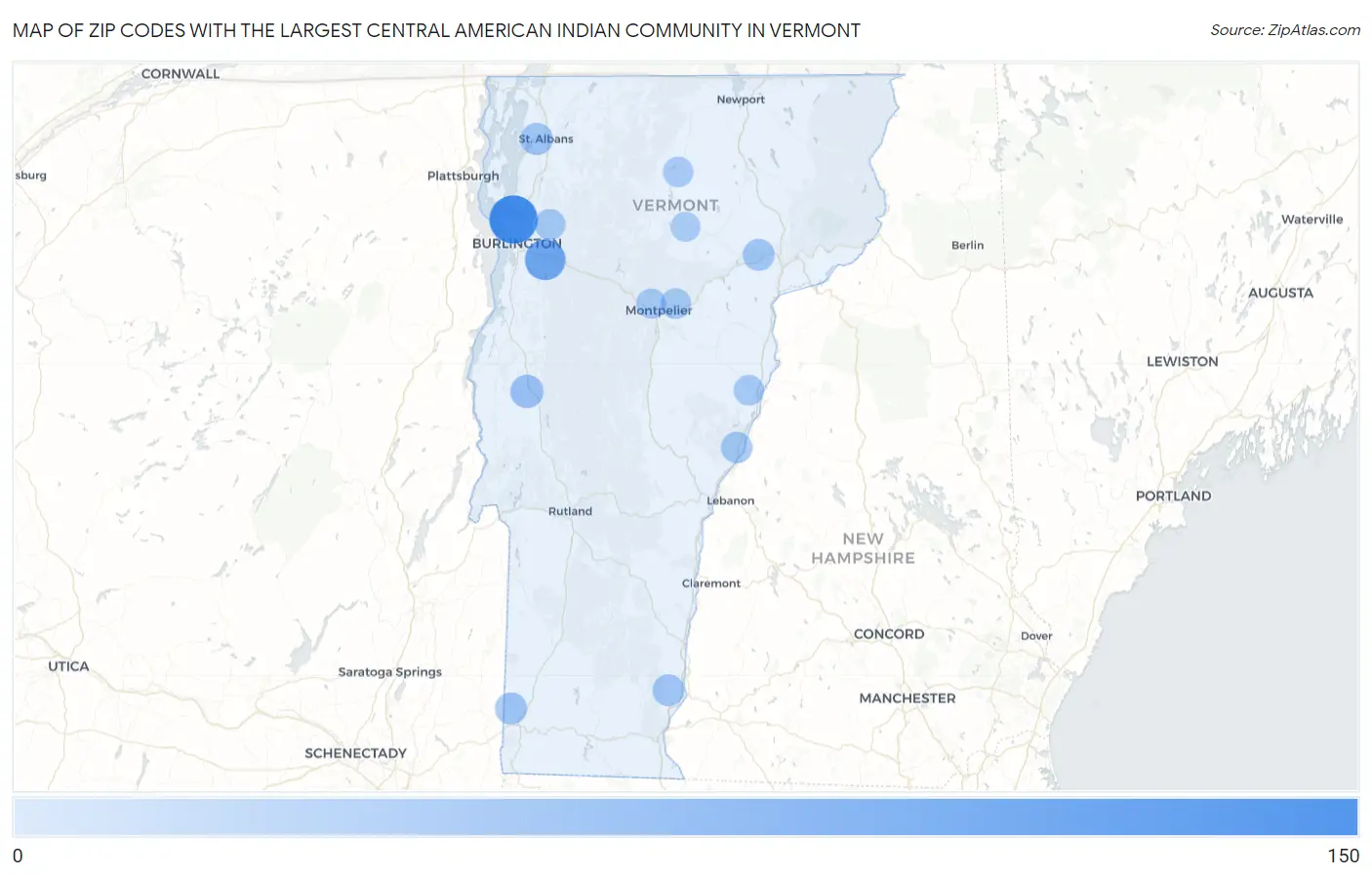 Zip Codes with the Largest Central American Indian Community in Vermont Map