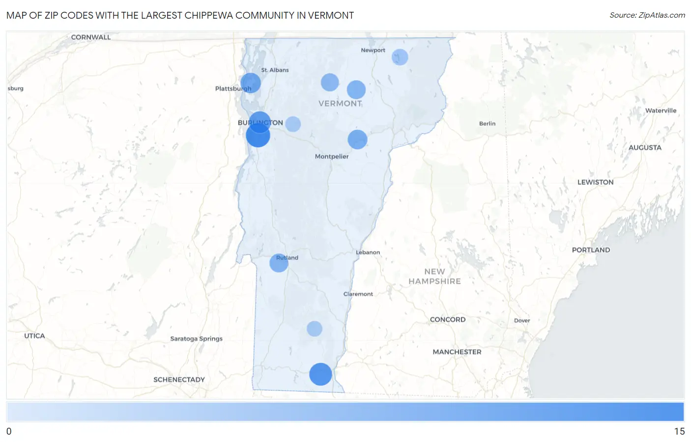 Zip Codes with the Largest Chippewa Community in Vermont Map