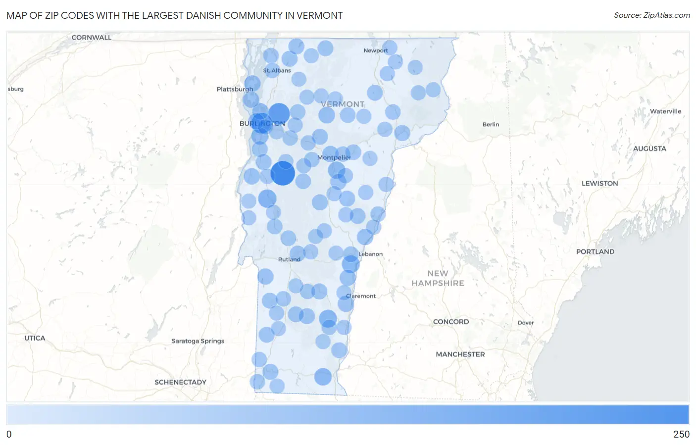 Zip Codes with the Largest Danish Community in Vermont Map
