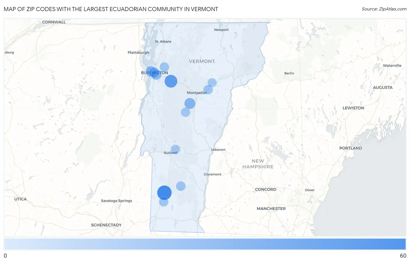Zip Codes with the Largest Ecuadorian Community in Vermont Map