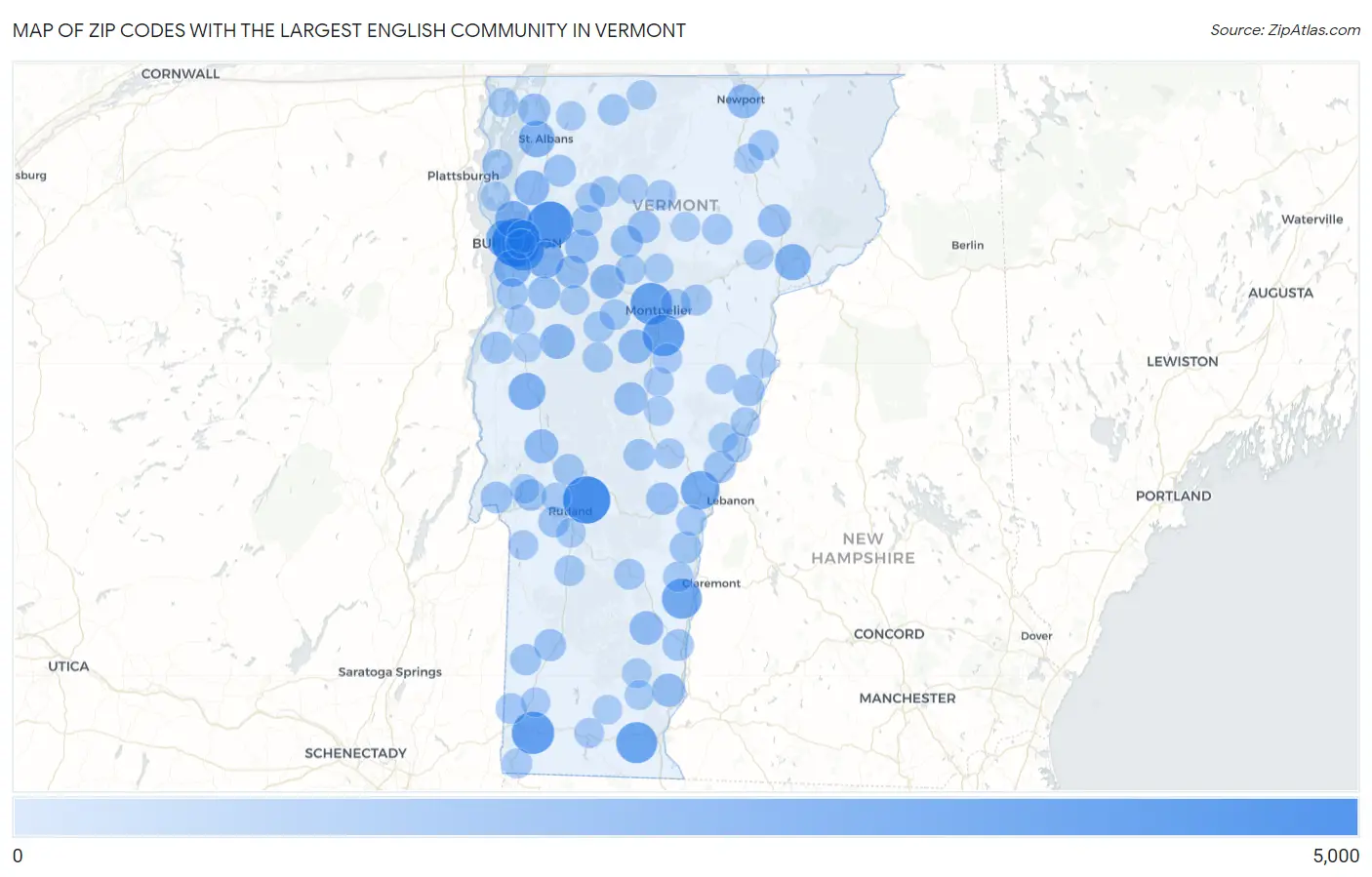 Zip Codes with the Largest English Community in Vermont Map