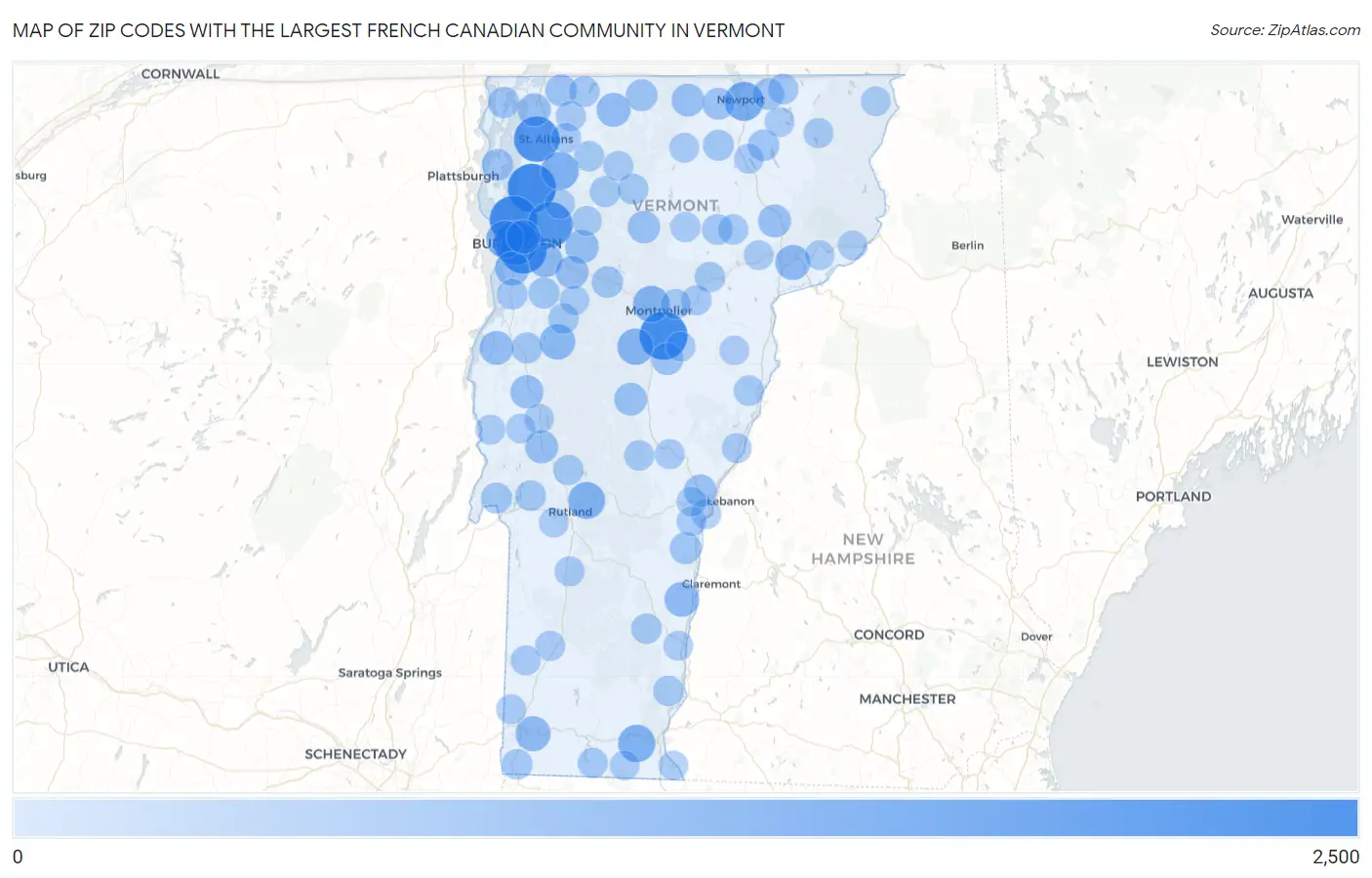 Zip Codes with the Largest French Canadian Community in Vermont Map