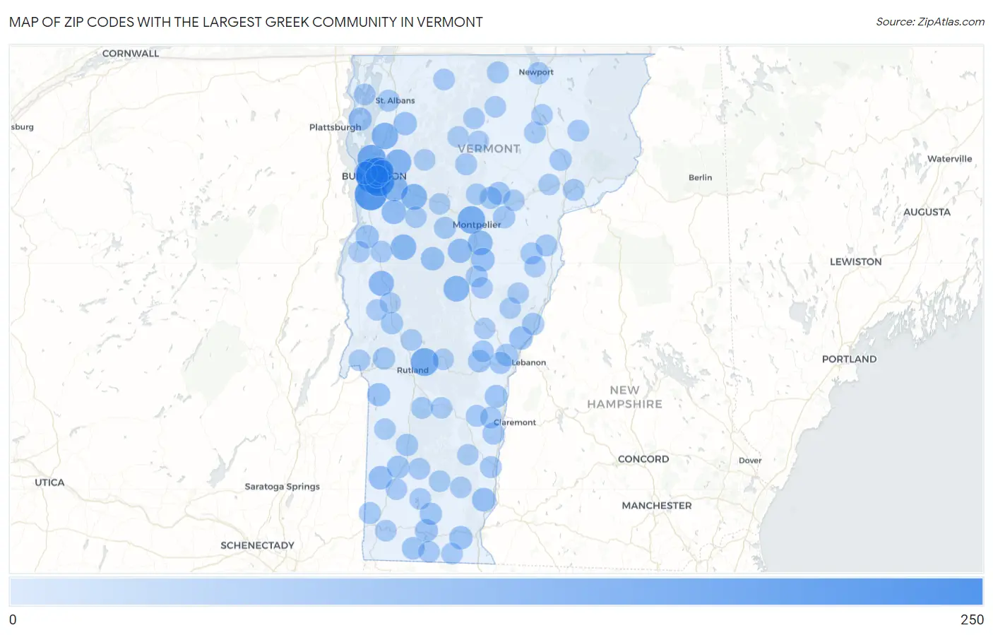 Zip Codes with the Largest Greek Community in Vermont Map