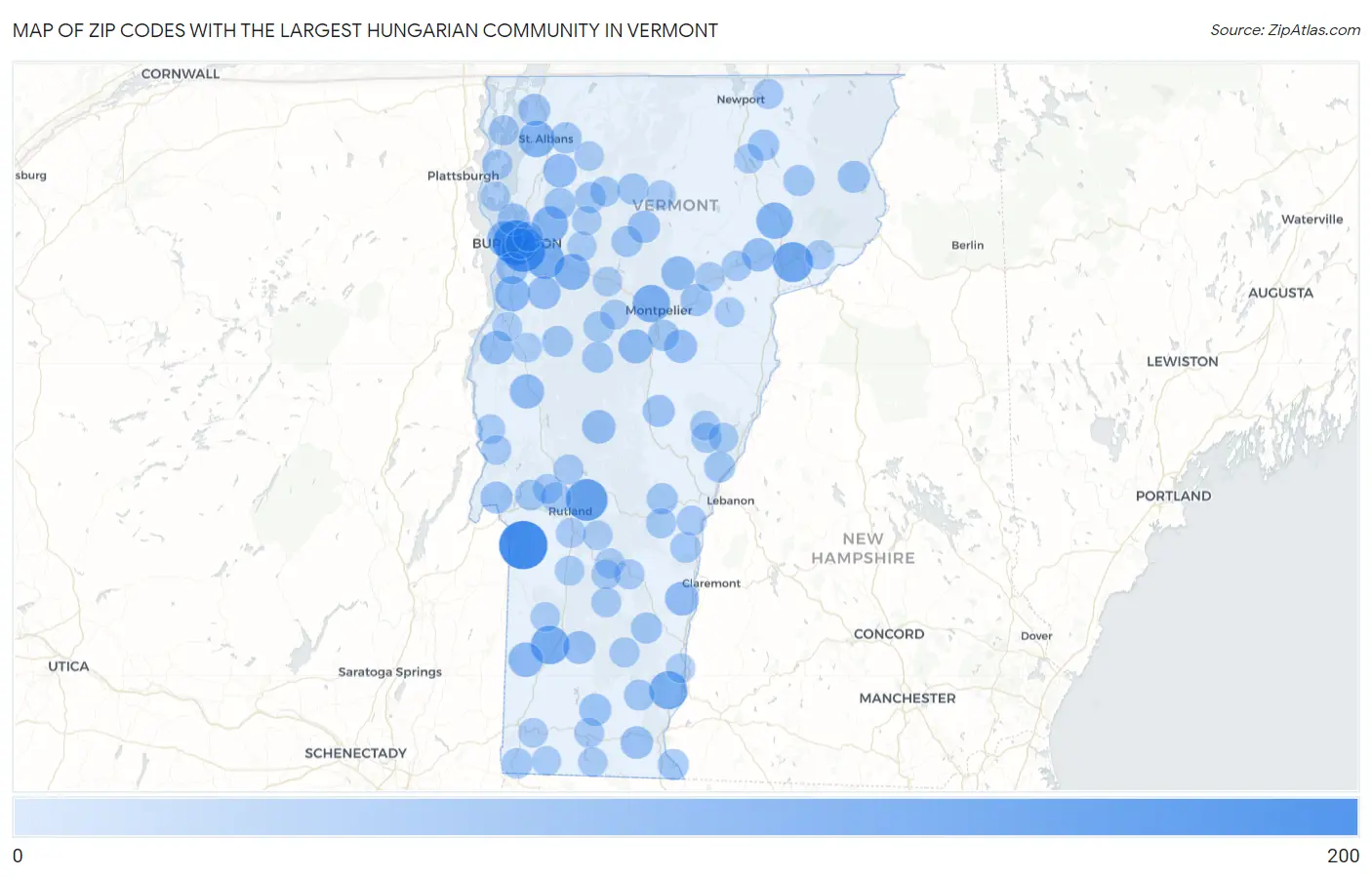 Zip Codes with the Largest Hungarian Community in Vermont Map